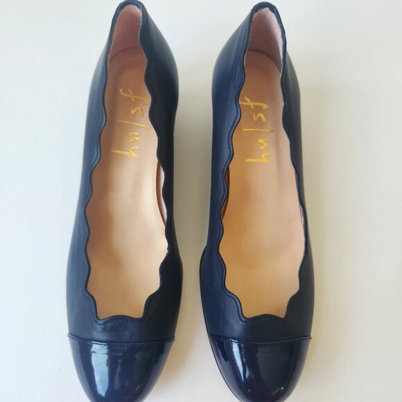 Fs/ny French Sole NY Navy Scalloped Leather Wedge Shoes Cute Ballet Casual - Picture 4 of 14